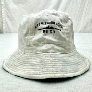Vintage USS Missouri Assoc BB 63 Battleship Bucket Hat Embroidered White